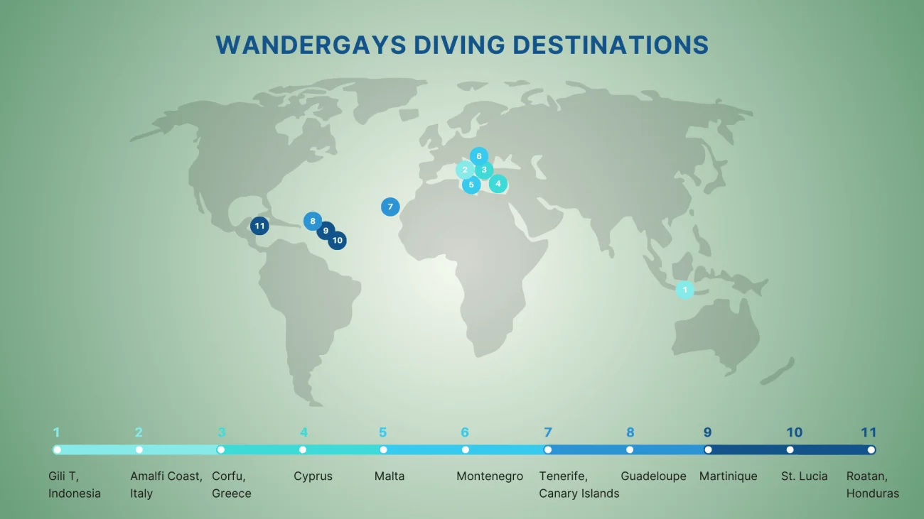 World map marking where they have dived
