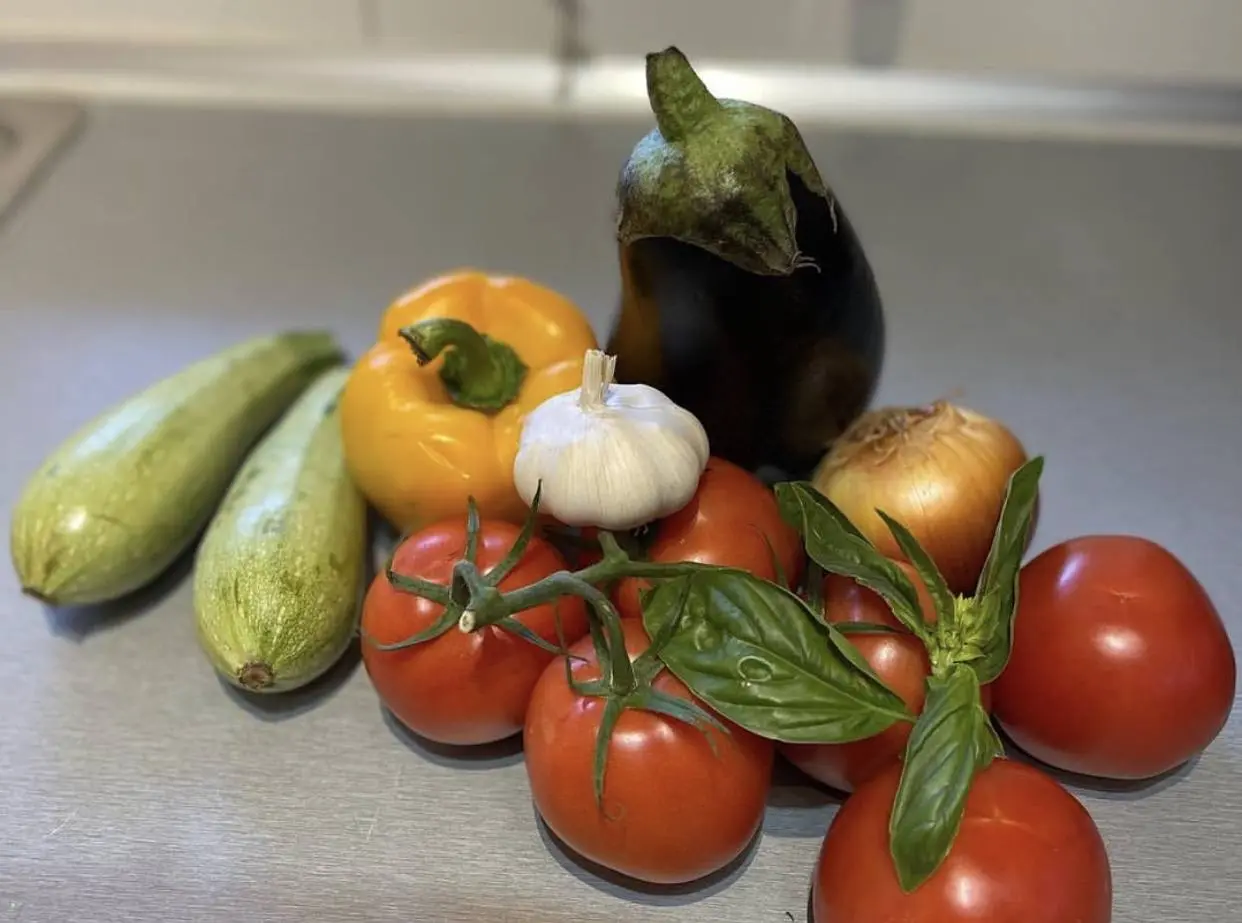 Zucchini, tomatoes, a pepper, an eggplant, garlic and basil on a counter